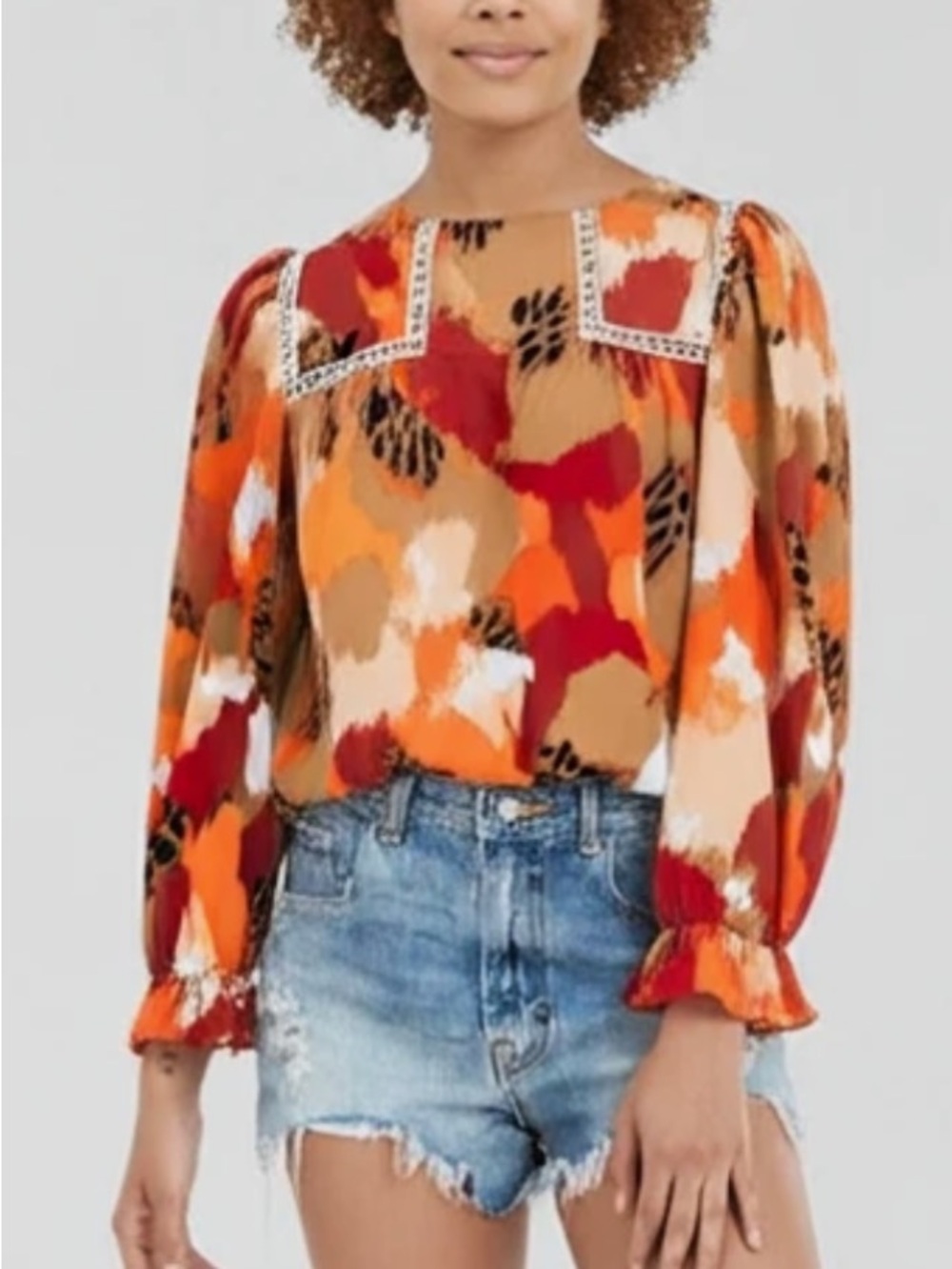 Women's Abstract Print Long-Sleeve Blouse in Orange and Red